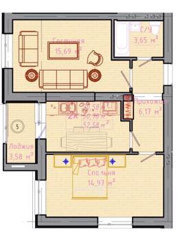 2-комн. квартира 52,58 м², ЖК Уркер Сity