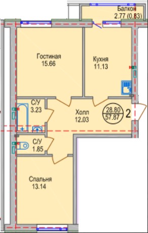 2-комн. квартира 57,87 м², ЖК Алтын Отау