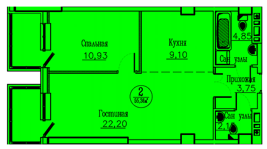 2-х комнатная квартира 55,36м²