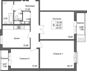 3-комн. квартира 87,57 м², ЖК Багыстан