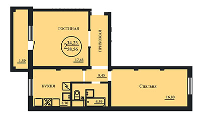 2-комнатные от 58,56 м²